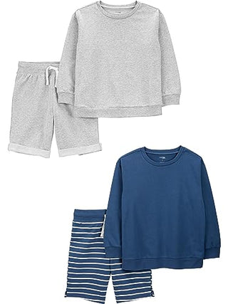 Simple Joys by Carter's Baby Boys' 4-Piece French Terry Long-Sleeve Shirts and Shorts Playwear Set, Pack of 4, Grey/Navy, 12 Months