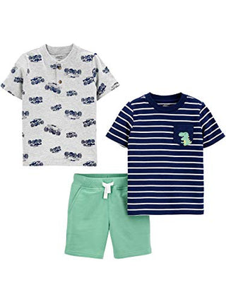 Simple Joys by Carter's Baby Boys' 3-Piece Button-Up, Shorts, and Tee Playwear Set, Green/Grey Monster Trucks/Navy Stripe, 12 Months
