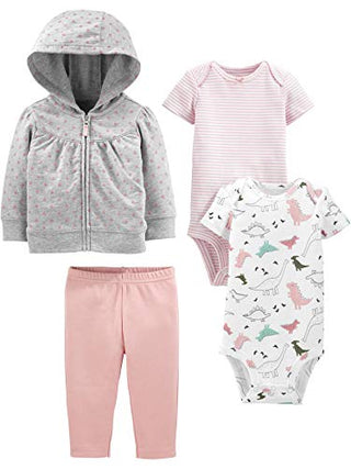 Simple Joys by Carter's Baby Girls' 4-Piece Jacket, Pant, and Bodysuit Set, Grey Dots/Light Pink/Pink Stripe/White Dinosaur, 0-3 Months