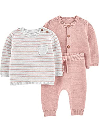 Simple Joys by Carter's Unisex Babies' 3-Piece Sweater Set, Grey Stripe/Light Pink, 0-3 Months
