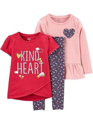 Simple Joys by Carter's Baby Girls' 3-Piece Playwear Set, Dark Grey Floral/Pink Hearts/Red Text Print, 12 Months