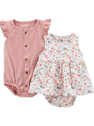 Simple Joys by Carter's Baby Girls' Sleeveless Rompers, Pack of 2, Peach/White Floral, 12 Months