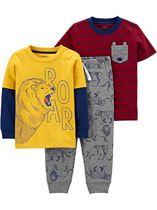 Simple Joys by Carter's Baby Boys' 3-Piece Playwear Set, Grey Bear/Maroon Stripe/Yellow Lion, 12 Months