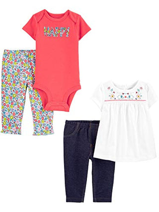Simple Joys by Carter's Baby Girls' 4-Piece Bodysuit and Pant Set, Happy Pack/Floral, Newborn