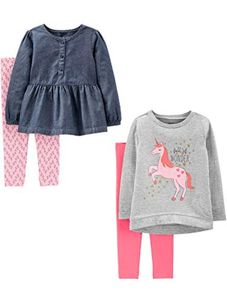 Simple Joys by Carter's Baby Girls' 4-Piece Long-Sleeve Shirts and Pants Playwear Set, Denim/Grey Unicorn/Light Pink/Pink, 18 Months