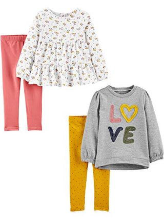 Simple Joys by Carter's Baby Girls' 4-Piece Long-Sleeve Shirts and Pants Playwear Set, Grey Love/Pink/White Floral/Yellow Dots, 12 Months