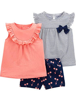 Simple Joys by Carter's Baby Girls' 3-Piece Playwear Set, Navy Stripe/Cherry/Peach, 12 Months