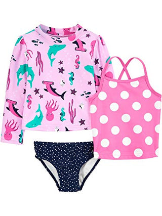 Simple Joys by Carter's Baby Girls' 3-Piece Assorted Rashguard Sets, Navy Dots/Pink Polka Dot/Sea Life, 12 Months