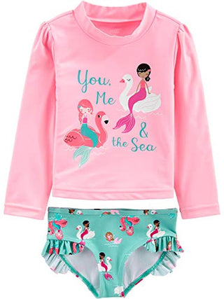 Simple Joys by Carter's Baby Girls' 2-Piece Assorted Rashguard Sets, Aqua Green Swan/Pink Mermaid, 12 Months