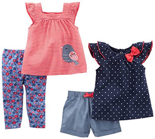 Simple Joys by Carter's Baby Girls' 4-Piece Playwear Set, Navy/Red, Dots/Stripe/Bird, 0-3 Months