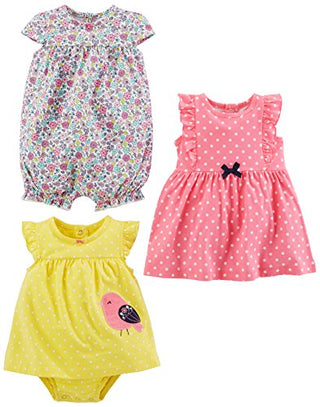 Simple Joys by Carter's Baby Girls' Romper, Sunsuit and Dress, Pack of 3, Pink Dots/White Floral/Yellow Bird, 12 Months
