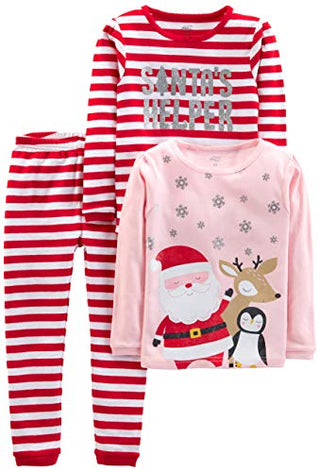 Simple Joys by Carter's Unisex Babies' 3-Piece Snug-Fit Cotton Christmas Pajama Set, Pack of 3, Pink Santa/Red Stripe, 12 Months