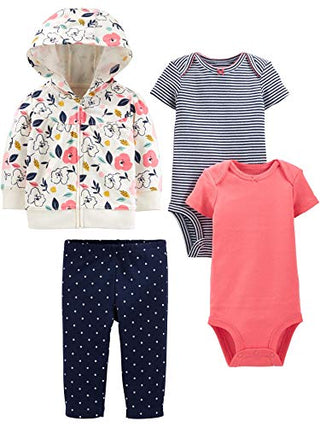 Simple Joys by Carter's Baby Girls' 4-Piece Jacket, Pant, and Bodysuit Set, Coral Pink/Ecru Floral/Navy Dots/Stripe, Newborn