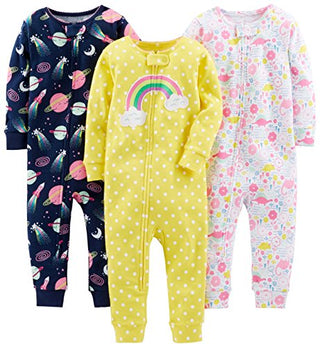 Simple Joys by Carter's Baby Girls' Snug-Fit Footless Cotton Pajamas, Pack of 3, Dinosaur/Space/Rainbow, 12 Months
