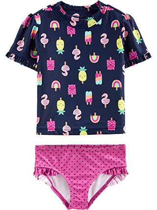 Simple Joys by Carter's Baby Girls' 2-Piece Assorted Rashguard Sets, Navy Popsicles/Pink Dots, 12 Months