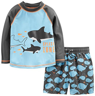 Simple Joys by Carter's Baby Boys' Swimsuit Trunk and Rashguard Set, Black/Sky Blue Whales, 12 Months