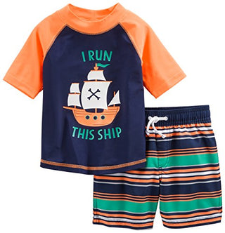 Simple Joys by Carter's Baby Boys' Swimsuit Trunk and Rashguard Set, Orange/Blue, Ships, 12 Months