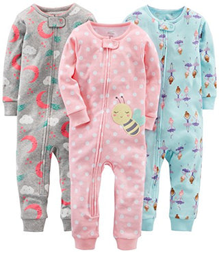 Simple Joys by Carter's Baby Girls' Snug-Fit Footless Cotton Pajamas, Pack of 3, Ballerina/Moon/Bees, 12 Months