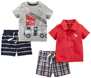 Simple Joys by Carter's Baby Boys' 4-Piece Playwear Set, Red/Blue, Plaid/Firetruck/Stripe, 12 Months