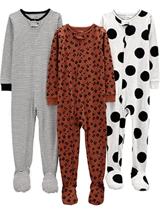 Simple Joys by Carter's Baby Girls' Snug-Fit Footed Cotton Pajamas, Pack of 3, Dots/Stripe/Animal Print, 12 Months