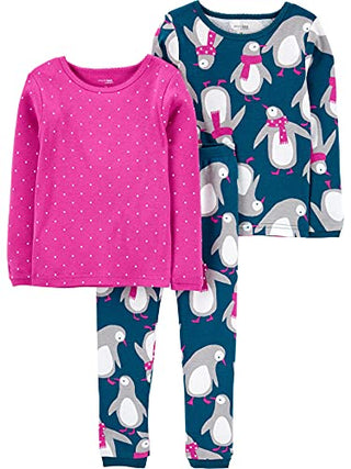 Simple Joys by Carter's Unisex Babies' 3-Piece Snug-Fit Cotton Christmas Pajama Set, Pack of 3, Navy Penguin/Pink Dots, 12 Months