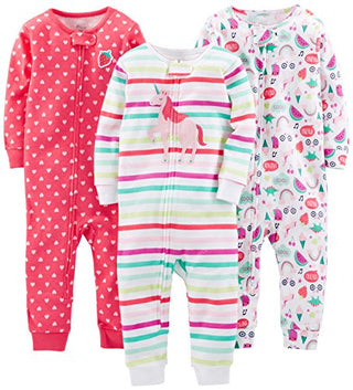 Simple Joys by Carter's Baby Girls' Snug-Fit Footless Cotton Pajamas, Pack of 3, Pink Hearts/White Unicorn/Owl, 12 Months