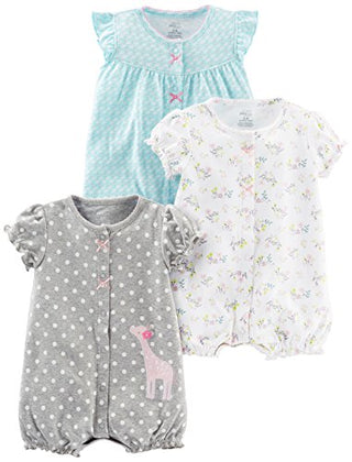 Simple Joys by Carter's Baby Girls' Snap-Up Rompers, Pack of 3, Blue Swan/Grey Dots/White Floral, 12 Months