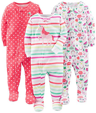 Simple Joys by Carter's Baby Girls' Snug-Fit Footed Cotton Pajamas, Pack of 3, Coral Orange Hearts/Light Pink Fruit Print/White Unicorn, 12 Months