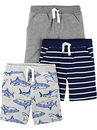 Simple Joys by Carter's Baby Boys' Knit Shorts, Pack of 3, Grey/Light Grey Heather Sharks/Navy Stripe, 12 Months