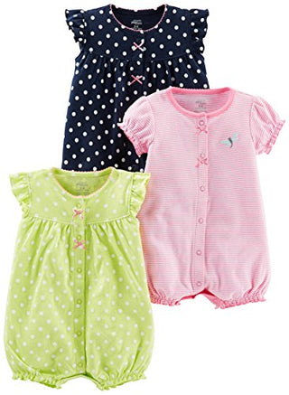 Simple Joys by Carter's Baby Girls' Snap-Up Rompers, Pack of 3, Light Green/Navy Dots/Pink Stripe, 12 Months