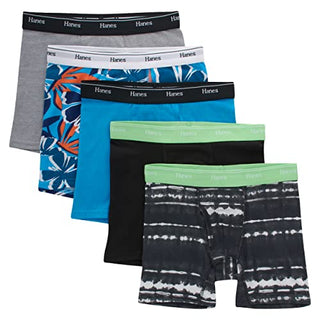 Hanes Boys' Big Boxer Briefs, Moisture-Wicking Cotton Stretch Underwear, 5-Pack, Black/Blue/Gray Assorted