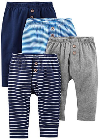 Simple Joys by Carter's Unisex Babies' Cotton Pants, Pack of 4, Blue/Grey Heather/Navy/Stripe, 12 Months
