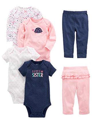 Simple Joys by Carter's Baby Girls' 6-Piece Bodysuits (Short and Long Sleeve) and Pants Set, Multicolor/Dots/Floral/Hearts/Turtle, Preemie