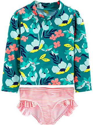 Simple Joys by Carter's Baby Girls' 2-Piece Assorted Rashguard Sets, Green Floral/Pink Stripe, 12 Months