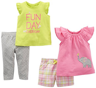 Simple Joys by Carter's Baby Girls' 4-Piece Playwear Set, Pink/Lime Green, Elephant/Plaid, 0-3 Months